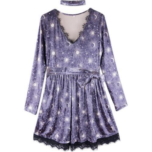 Neatie kiddie Fashion Print A-line Lace Long Sleeve Dress for Women Sexy V-neck Velvet Sashes Vestidos Female Clothes