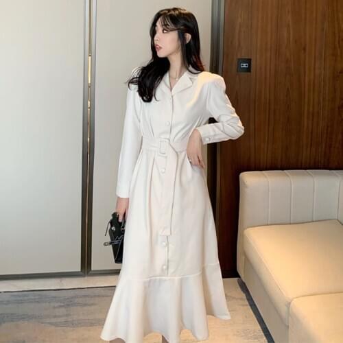 Korean Fashion Style Spring Autumn Women dress Elegant Slim Long sleeve Mermaid dresses Sashes Long Black dress female bing