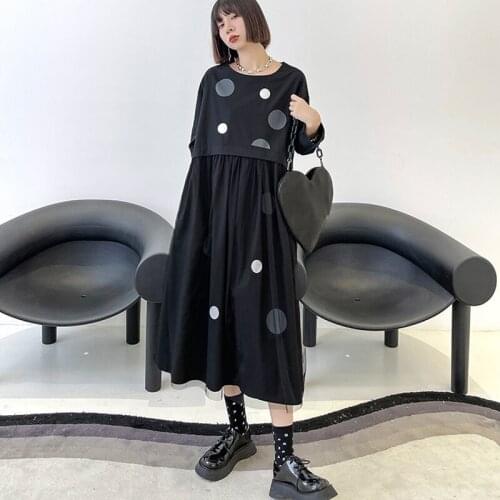 Johnature New Casual Fashion O-neck Patchaowk Mesh Wave Point Women Dresses 2021 Autumn Solid Color Pockets Female Dress