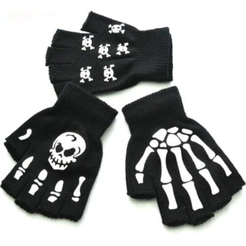 Winter warm knitted half finger gloves Halloween luminous fluorescent skull claw riding non slip gloves