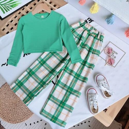 2020 Autumn Girls' Suit New ChildrenS Clothing Korean Fashion Long-Sleeved Cotton Top And Plaid Wide-Leg Pants Two-Piece