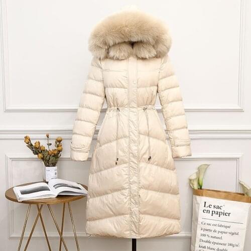50% White Duck Down Womens Winter Down Jackets Long Slim Coat Female Raccoon Fur Collar Hooded Women Parkas Ropa Mujer Zjt1616