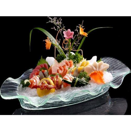 Acrylic Tray Sushi Dish Oval Tray Ice Plate Buffet Restaurant Wavy Edge Fruit Snack With Watertight Board Sashimi Tray Rack 1pcs