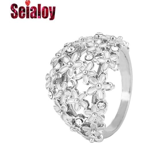 Seialoy White Daisy Garden Garland Rings For Women Girls Silver Color Engagement Ring Lovers Couple Family Wedding Party Gift
