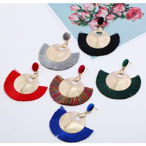 Bohemian ethnic velvet round metal disc pendant earrings women ornate wire drop fringe earrings