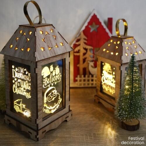 Wooden Merry Christmas LED Light Portable Hanging Lantern Home Garden Decoration Xmas Party Supplies