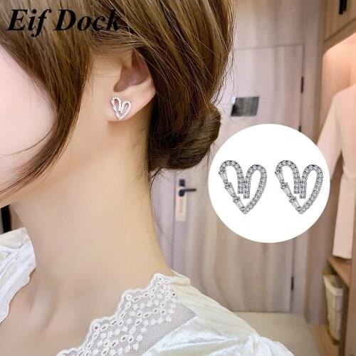 Eif Dock New Design Luxury Crystal Hollow Heart Stud Earrings Korean Fashion Love Earrings For Woman Wedding Jewelry Accessories