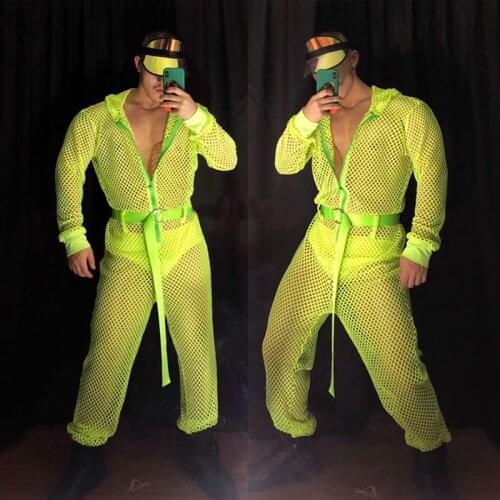 Fluorescent Green Hollow Jumpsuit Work Clothes Bar Nightclub Men Ds Party Pole Dance Clothing Stage Rave Gogo Costumes XS1145