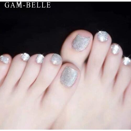 GAM-BELLE Detachable Fake Toe Nails Silver Glitter Shining Artificial Nail Tips Full False Toenails Decoration Manicure Tools