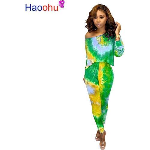 HAOOHU Tie Dye 2 Piece Set One Shoulder T-shirt Top+Pants Set Casual Women Tracksuit Streetwear Matching Sets Festival Clothing