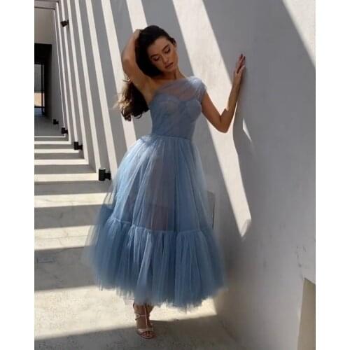 Short Tulle Dusty Blue One Shoulder Evening Dresses A-Line Lace Up Back Tea Length Pleated Robes De Mariée Party Gowns For Women
