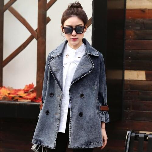 Hot Sale 2017 spring autumn new womens denim top double breasted basic jackets suit collar loose medium-long outerwear jean coat