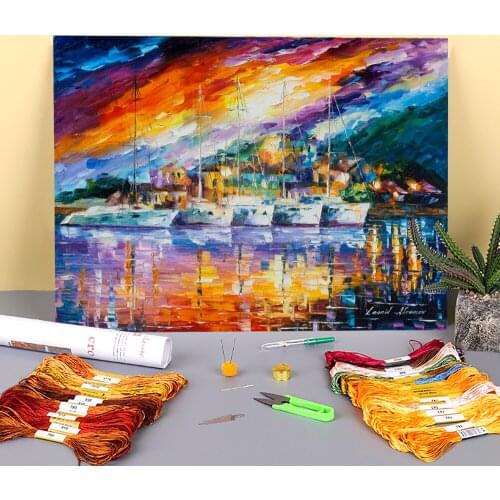 Boats By The Island Printed Canvas 11CT Cross Stitch Patterns DIY Embroidery DMC Threads Handmade Handicraft Jewelry