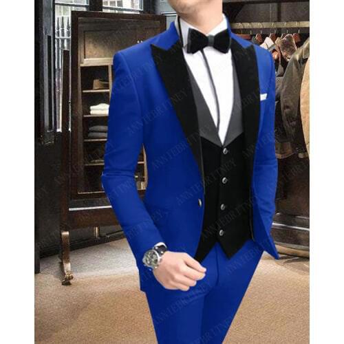 ANNIEBRITNEY Men Velvet Vest Suits Royal Blue Wedding Groom Tuxedo For Men Suits Custom Made Prom Best Man Wear Blazer 3 Pieces