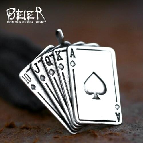 BEIER Lucky Spades k Mens Necklace Tone Poker Skull Pendant for Male Stainless Steel Casino Fortune Playing Card BP8-471