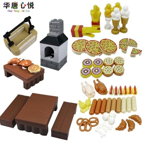 Creator Friends Series Food Set Pizza Roast Chicken Picnic Equipment Building Blocks Educational Toys Girlis Gifts Friend Model
