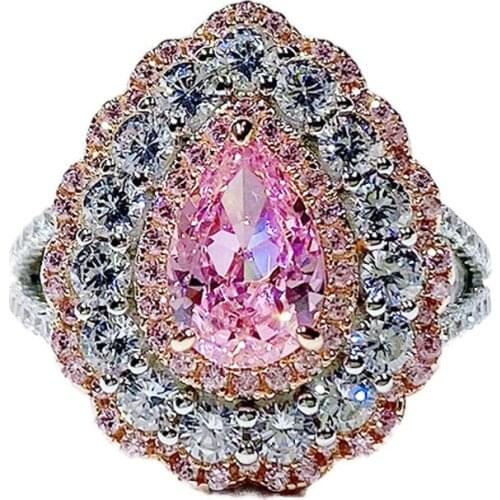 Charms 100% 925 Sterling Silver 6*9MM 3CT Pear Cut Pink Gemstone Flower Rings For Women Fine Jewelry