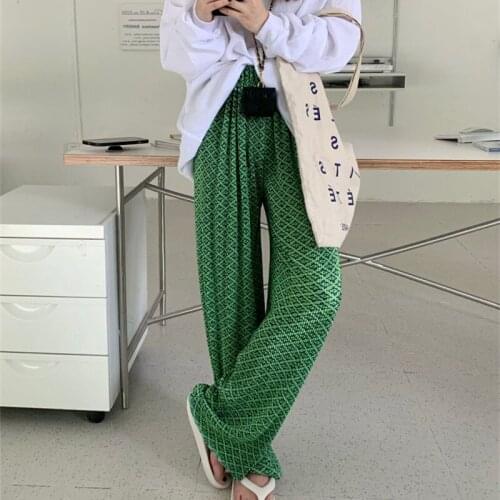 HziriP Hot 2021 Autumn Ladies New Pants Green Rhombus Print Elastic High Waist Folds All-Match Chi Fashion Slim Wide-Leg Trouser