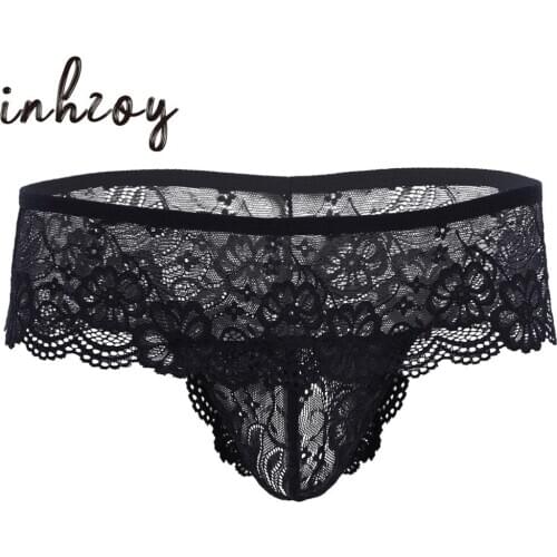 Sexy Men Erotic Lace Lingerie Bulge Pouch G-string Open Butt Low Rise Stretchy Male Bikini Briefs Sissy Panties Gay Underwear