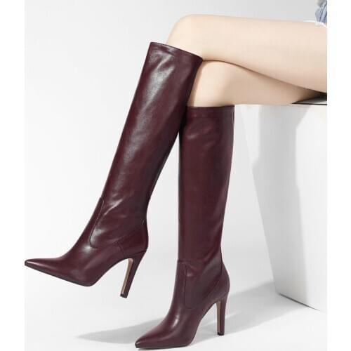 Western Knee High Boots Women Leather Fashion Pointed Toe High Heels Ladies Boots Shoes Womens Winter Autumn High Boots Leather