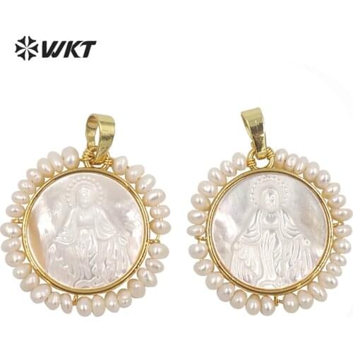 WT-JP256 Wholesale fashion gold handmade tiny freshwater pearl round Mary religious pendant Women Christian Shell pendants