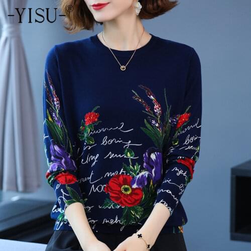 YISU Women clothing Wool Sweater Jumper O-Neck Flowers Printing tops Long sleeves Loose Female Casual Knitted pullover 2021 New