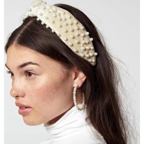 Bohemian womens European and American style wide version knotted fabric headband fashion wild inlaid pearl candy color hot head