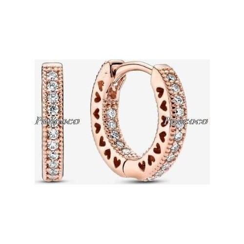 925 Sterling Silver Earring Signature Rose Sparkling Heart Hoop Earrings For Women Wedding Party Fashion Jewelry