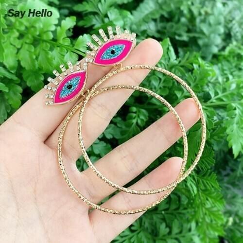 SAY HELLO Evil Eye Crystal Inlaid Metal Big Circle Dangle Earrings for Women Trendy Charming Punk Statement Jewelry серьги K5826