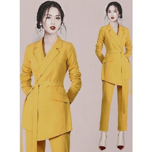 Women Pants Suits Set For OL 2 Two Piece Business Work Formal Wear Ladies Elegant Stylish Notched Blazer Jacket With Belt