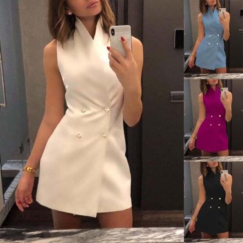 Fashion Lady Summer High Waist Work Formal Solid Short Dress Women Short Bodycon Collar Blazer Double Breasted Sleeveless Dress