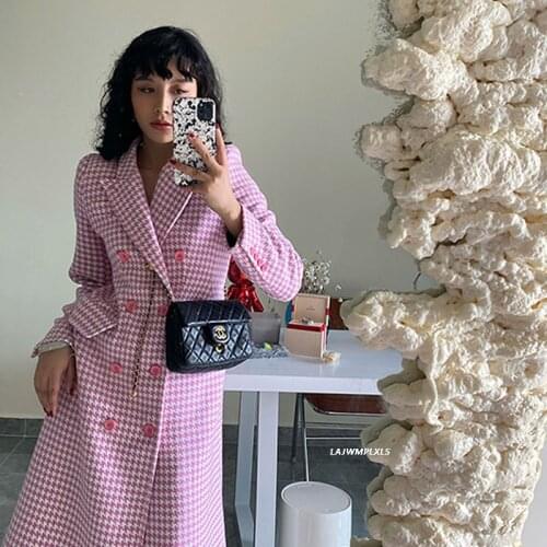 Winter 2021 Fashion Designer Overcoat Womens Slim Fitting Double Breasted Pink Houndstooth Tweed Wool Long Coat