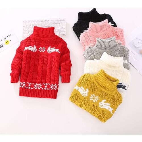 Plush inside pure color winter boy girl kid thick Knitted turtleneck shirts Print high collar pullover fluff sweater