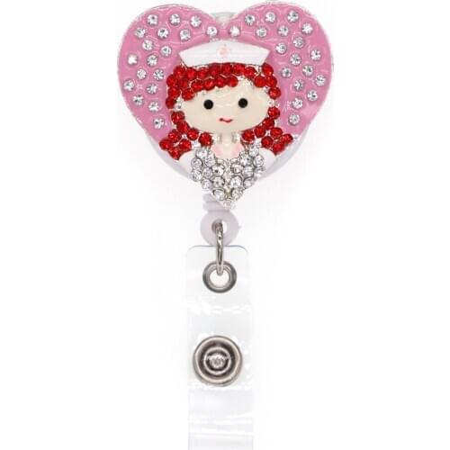 10pcs/Lot Medical Rhinestone Pink Heart Nurse Name Card Retractable Badge Reel Doctor Symbol Decoration Doctor Badge Reel