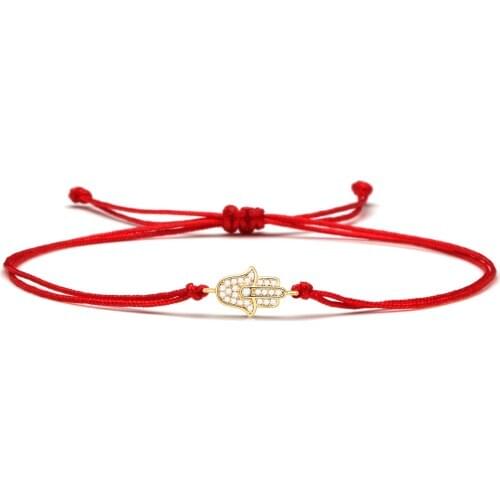 AAA Cubic Zirconia Gold Hamsa Hand Luck Charm Bracelet Women Girl Mini Copper CZ Red String Pull Cord Adjustable Jewelry Present