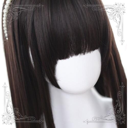 Long Straight Female Lolita Wig Brown-Black Bangs Princess Cut Wigs Heat Resistant For Women Cosplay Party