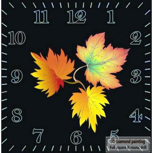 Hot 21 style clock full square / round diamond painting cross stitch autumn maple leaf pattern wall clock 3D mosaic embroidery