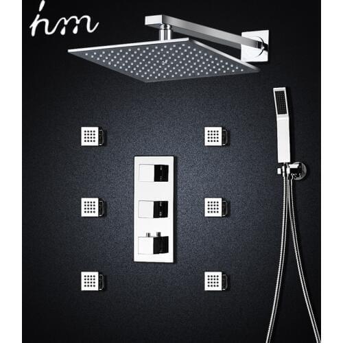 Hm Thermostatic Bath Room Shower Faucets 10" Mixing-valve Wall-mounted Shower Head 6 Massage Jets Spa Body Spray Shower Set