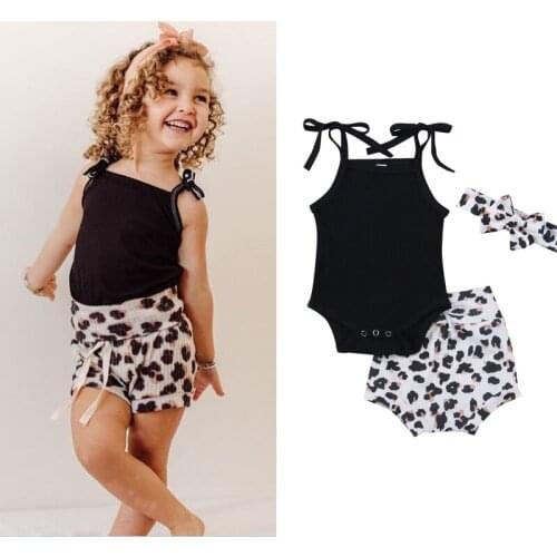 FOCUSNORM 0-18M Summer Lovely Baby Girls Clothes Sets Solid Sleeveless Belt Romper Tops Leopard Shorts Headband 3pcs