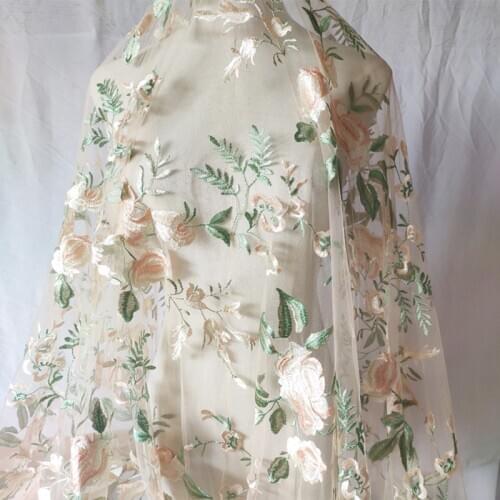 Soft net yarn European and American embroidered lace fabric, colored flowers, roses and leaves, dress womens clothing