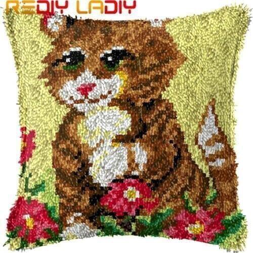 Latch Hook Cushion Cat Flowers Pre-Printed Canvas Cushion Front Acrylic Yarn Crochet Pillow Case Set Hobby & Crafts Home Decor