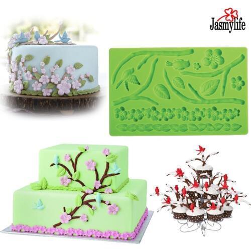 Moldes De Silicona Cocina Fondant 3D Mold Tree with Leaf Flowers Birds Shaped Cake Decorating Tools Silicone Mats
