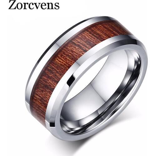 ZORCVENS 100% Real Tungsten Carbide Ring Mens Wedding Ring Retro Wood Grain Design Fashion Party Gift