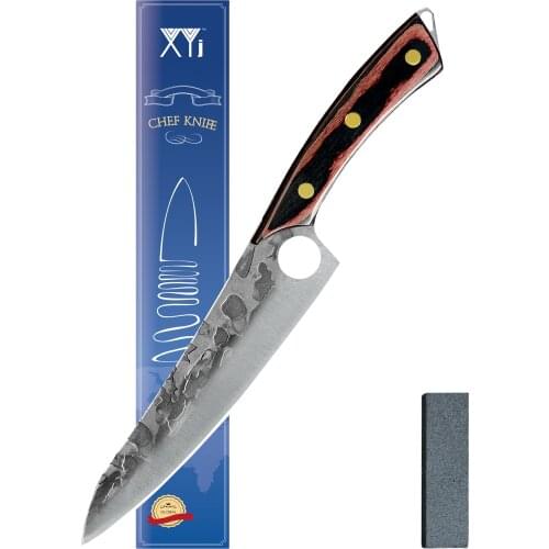 XYJ 8 Inch Hammer Finish Full Tang Chef Knife With Whetstone Gift Box Wood Handle Razor Sharp Stonewash Blade Cooking Knives