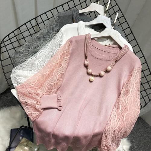 2020 Autumn Women Lace Sleeve Sweaters Soft Warm Women Knitted Pullovers Femme Sweater with Necklace