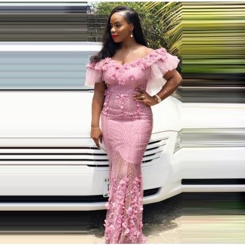 Aso Ebi Prom Dresses Long Pink Sheer Mermaid Off The Shoulder Flowers Appliques Sweetheart Black Girls Evening Party Gowns