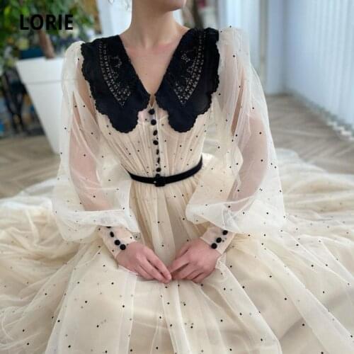 LORIE Tea Length Prom Dresses Dotted Tulle with Embroidered Neck Creamy Color with Black Dots Belt Evening Wedding Party Dress