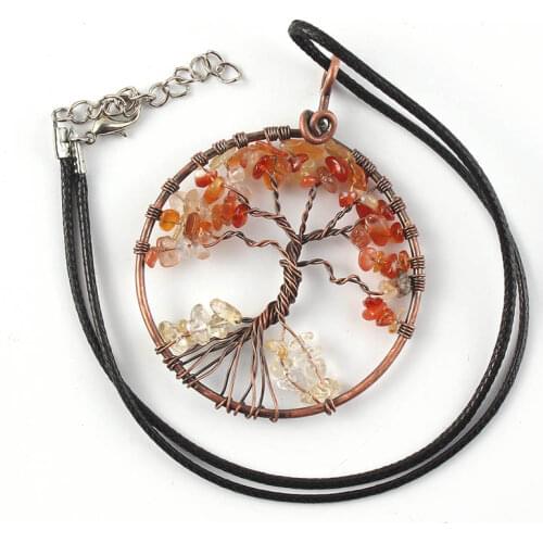 KFT Handmade Nautral Stones Tree of Life Pendant Necklace Carnelian Stone Pendants Yellow Quartz Necklace Rope Chain Jewelry