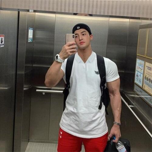 Polo Shirt Men Summer Gym Clothing Stretch Cotton Men Business Fashion Turndown Polo Shirt Short Sleeve Breathable Polo Shirt