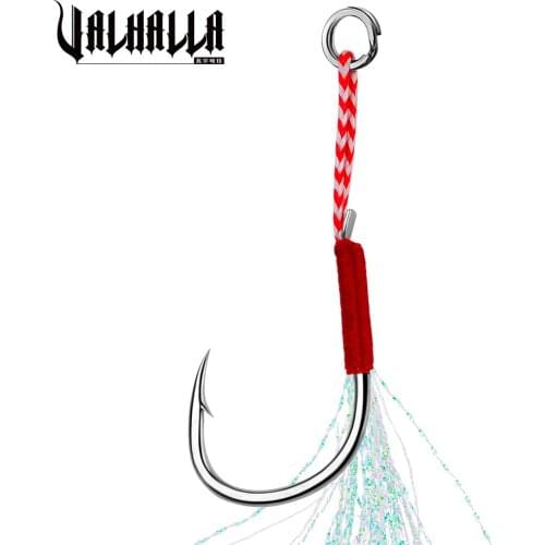 VALHALLA 10Pcs/Lot Jig Fishing Hooks 11-20# Bass Fishhooks Cast Assist Barbed Jigging Hook with Thread Feather Fishing Tackle